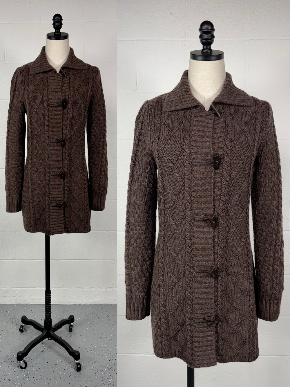 L.L.Bean Deep Brown Wool Blend Long Cable Knit Toggle Cardigan Sweater Coat M